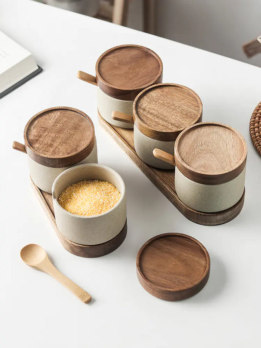 Ceramic Kitchen Seasoning Pots with Acacia Wood Tray