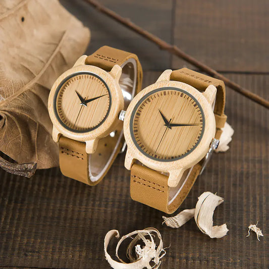 BOBO BIRD Genuine Leather Bamboo Wood Couples Watch